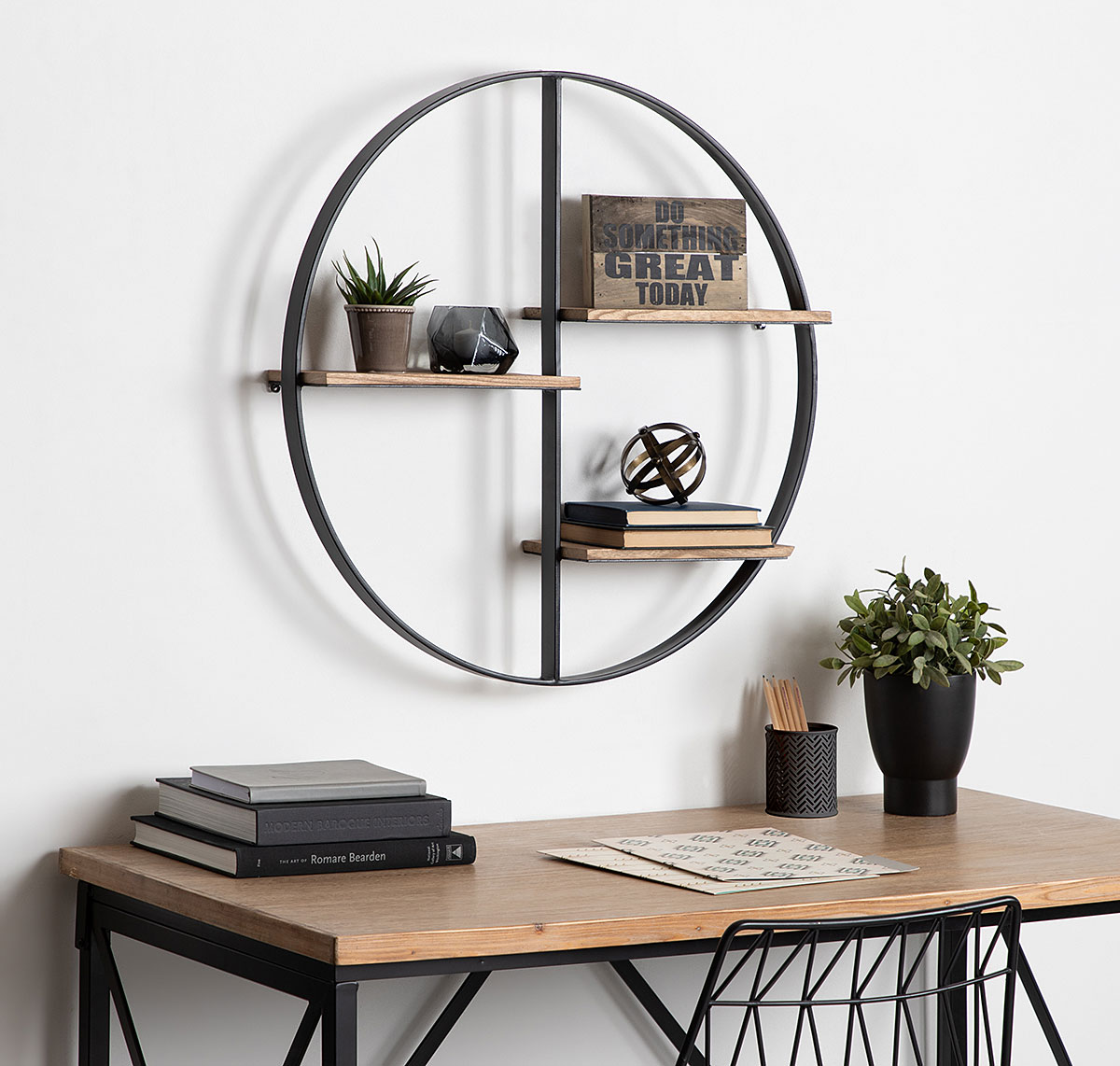 Big black metal circle over desk