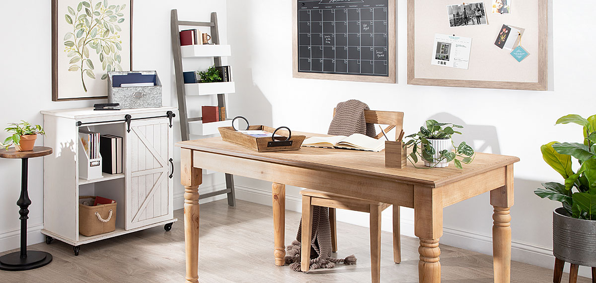 Home office space with desk and cabinet