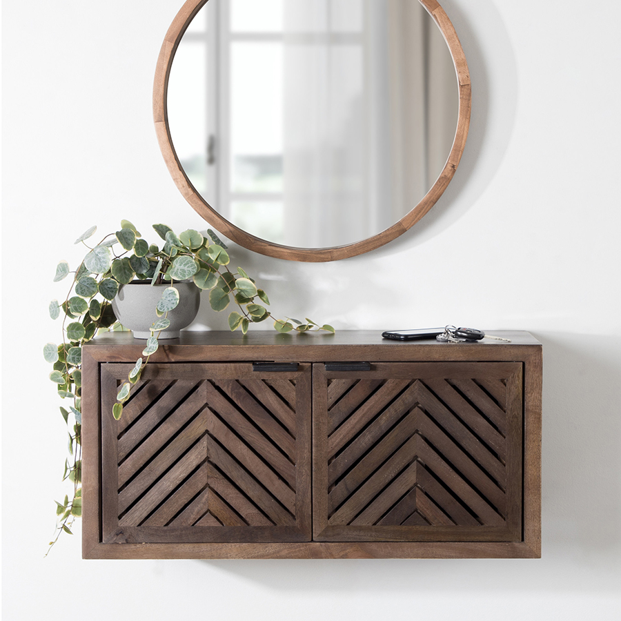 Brown storage shelf made of dark wood