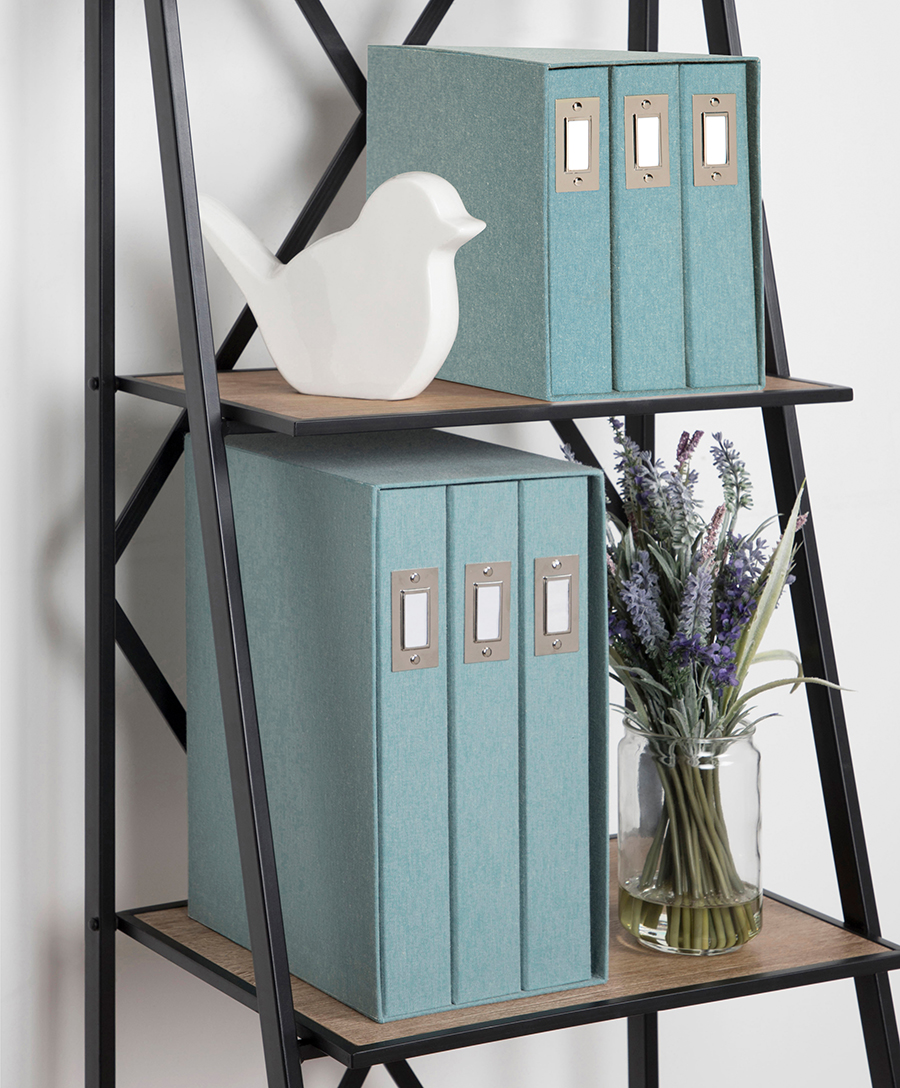 Decorative shelf with binders, plant, and bird sculpture